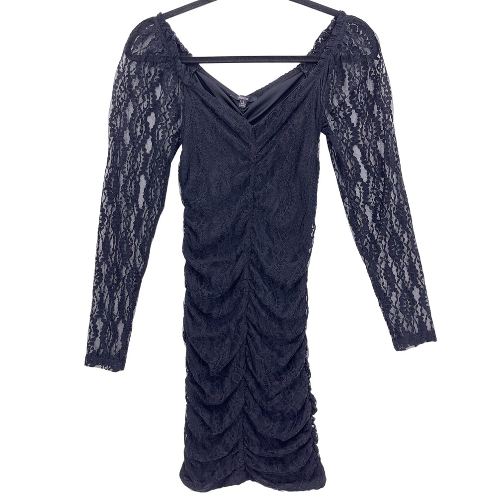 Blāshe Black Lace Ruched Long Sleeve Bodycon Dress S Sweetheart Neckline